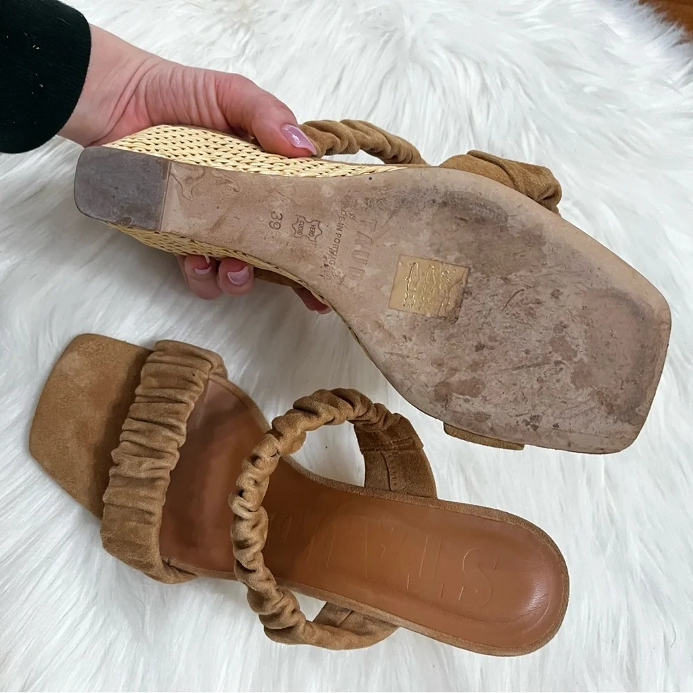STAUD Tan Suede Frankie Ruched Leather Caramel Wedges Strappy Sandals sz. 9